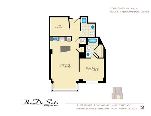 Floor plan for 2 beds, 2 baths, 842 sqft